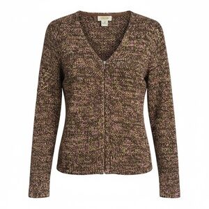 Women M TALBOT's Chunky Cardigan Sweater Brown Purple Colorful zipper Vtg